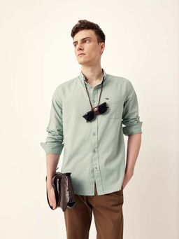 The Bear House - Men Green Cotton Collar Neck Shirt