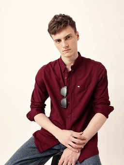 The Bear House - Men Maroon Cotton Collar Neck Shirt