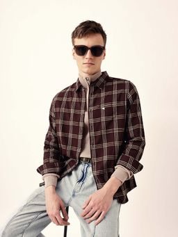 The Bear House - Men Brown Cotton Collar Neck Shirt