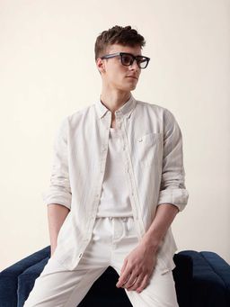 The Bear House - Men Grey Cotton Collar Neck Shirt