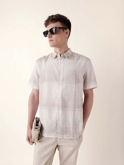 The Bear House - Men Off White Viscose Collar Neck Shirt