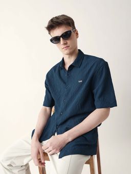 The Bear House - Men Teal Viscose Collar Neck Shirt