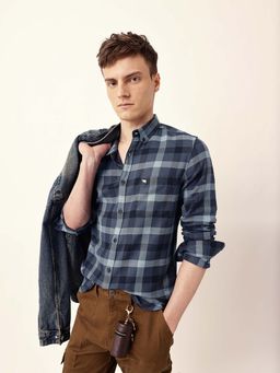 The Bear House - Men Blue Cotton Collar Neck Shirt