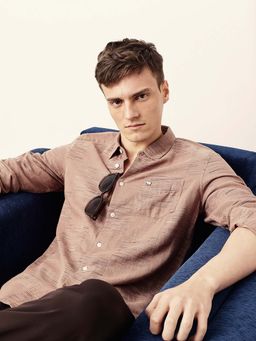 The Bear House - Men Brown Cotton Collar Neck Shirt