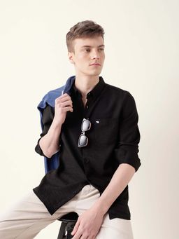 The Bear House - Men Black Viscose Collar Neck Shirt