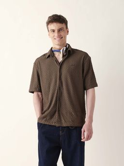 The Bear House - Men Brown Viscose Collar Neck Shirt