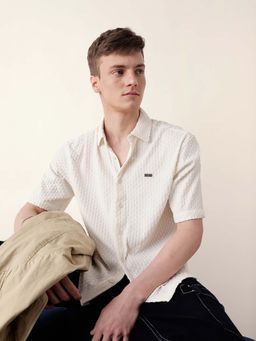 The Bear House - Men White Viscose Collar Neck Shirt