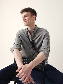 The Bear House - Men Grey Cotton Collar Neck Shirt