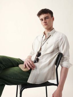 The Bear House - Men Beige Cotton Collar Neck Shirt