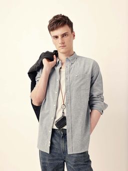 The Bear House - Men Grey Cotton Collar Neck Shirt