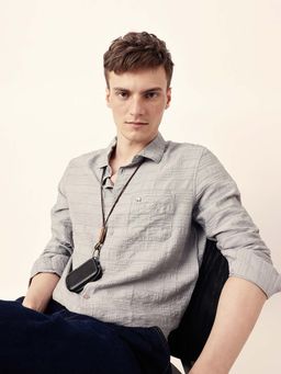 The Bear House - Men Grey Viscose Collar Neck Shirt