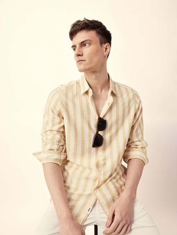 The Bear House - Men Yellow Viscose Collar Neck Shirt