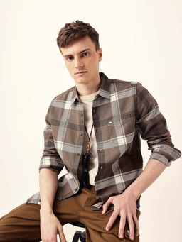 The Bear House - Men Brown Cotton Collar Neck Shirt