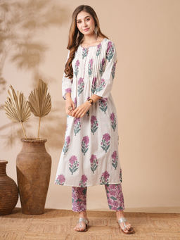 FASHOR - White Floral Printed Embellished Kurta with Pant (Set of 2)