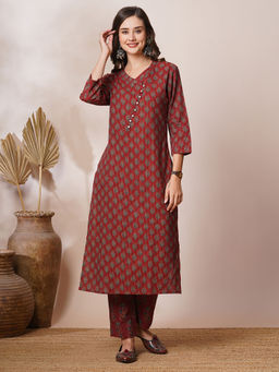 FASHOR - Ethnic Floral Printed Straight Fit Kurta with Pant (Set of 2)