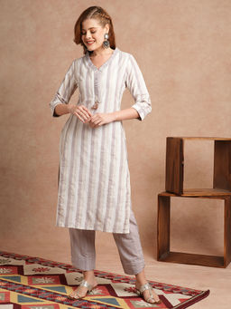FASHOR - Multi Color Lurex Stripes and Woven Straight Fit Kurta with Pant (Set of 2)