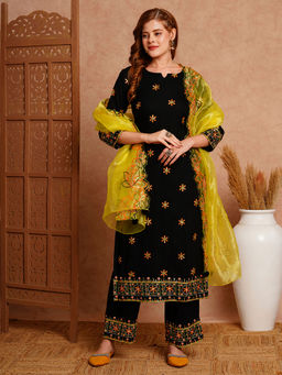FASHOR - Solid Floral Thread Embroidered Straight Fit Kurta with Pant and Dupatta (Set of 3)