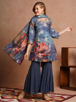 FASHOR - Abstract Floral Printed and Hand Embroidered Kurta with Sharara and Dupatta (Set of 3)