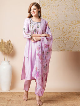 FASHOR - Purple Floral Hand Embroidered Straight Fit Kurta with Pant and Dupatta (Set of 3)
