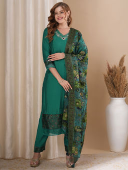 FASHOR - Solid Floral Hand Embroidered Straight Kurta with Pant and Dupatta (Set of 3)