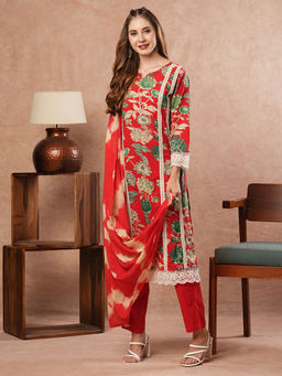 FASHOR - Red Floral Printed Kurta with Pant and Dupatta (Set of 3)