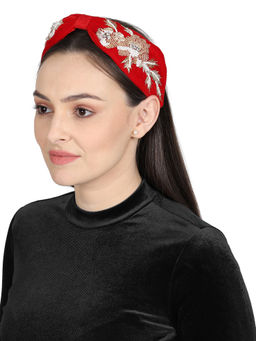 Anekaant - Red Gold Velvet Floral Beaded Hairband
