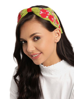 Anekaant - Sea Green & Red Floral Embellished Velvet Hair Band