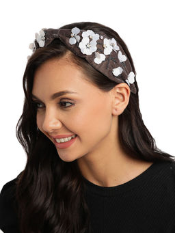 Anekaant - Grey & White Floral Embellished Velvet Hair Band