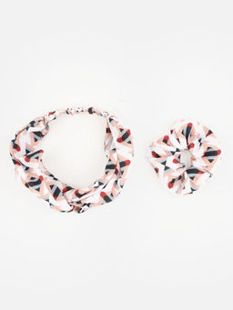 Aditi Wasan - Printed Viscose White Headband And Scrunchy Combo Pack