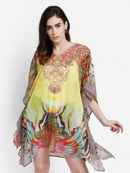 Aditi Wasan - Yellow Color Printed Freesize Polyester Kaftan