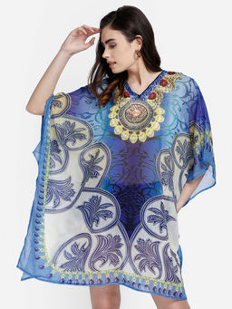 Aditi Wasan - Blue Color Printed Freesize Polyester Kaftan