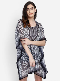 Aditi Wasan - Black & White Color Printed Freesize Polyester Kaftan