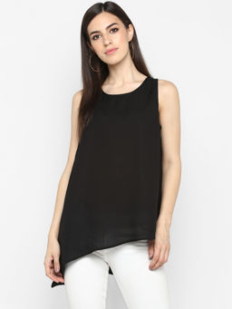 Aditi Wasan - Black Polyester Sleeveless Top with Asymmetrical Hemline