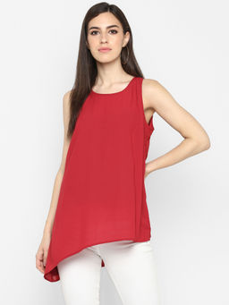 Aditi Wasan - Red Polyester Sleeveless Top with Asymmetrical Hemline