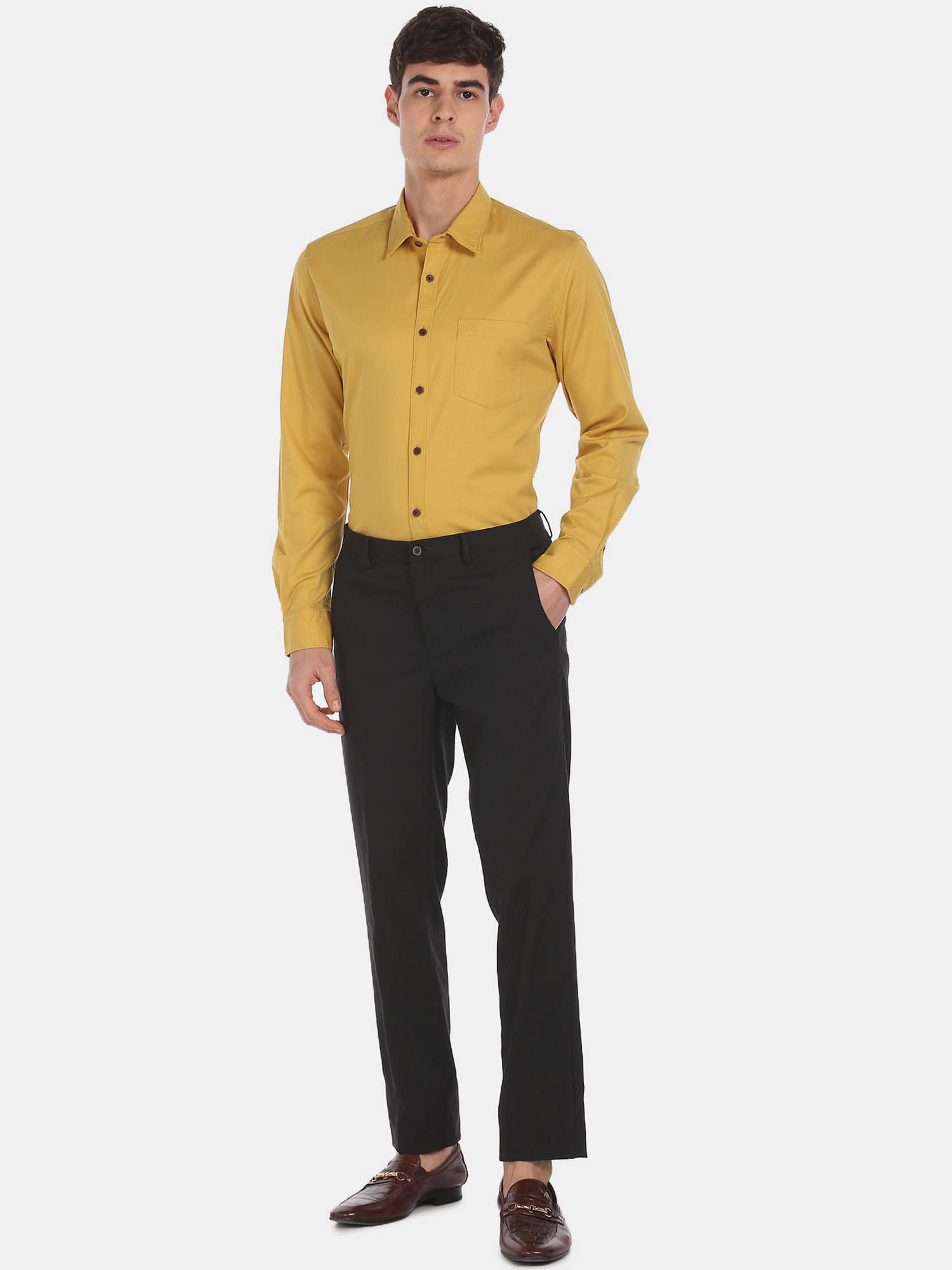 Buy Men Mustard Spread Collar Solid 