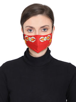 Anekaant - 3-Ply Red Yellow & Gold Abstract Embroiderd Poly Cotton Fabric Fashion Mask