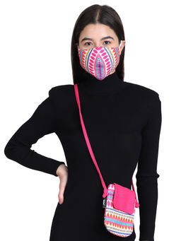 Anekaant - 3-Ply Pink & Multi Cotton Jacquard Fabric Fashion Mask With Mobile Sling (Combo Pack)