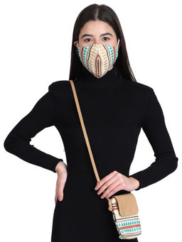 Anekaant - 3-Ply Beige & Multi Cotton Jacquard Fabric Fashion Mask With Mobile Sling (Combo Pack)