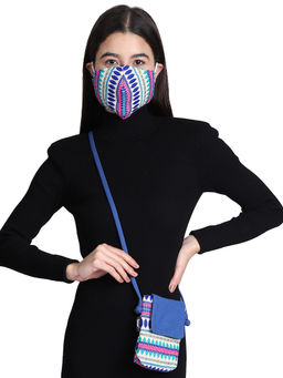 Anekaant - 3-Ply Blue & Multi Cotton Jacquard Fabric Fashion Mask With Mobile Sling (Combo Pack)