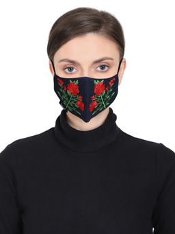 Anekaant - 3-Ply Reusable Navy Red & Green Floral Embroidered Cotton Fabric Fashion Mask