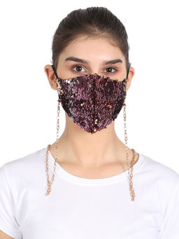 Anekaant - 3-Ply Reusable Sclupted Sequin Fashion Mask With With Embellished Lanyard Chain