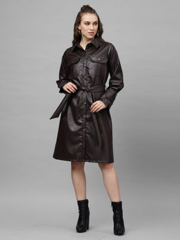 AAREIN - Coffee Brown Solid Midi Dresses