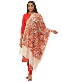 Anekaant - White & Multi Floral Embroidered Acrowool Shawl