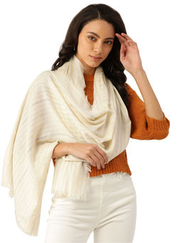 Anekaant - Off White Woven Striped Viscose Zari Stole