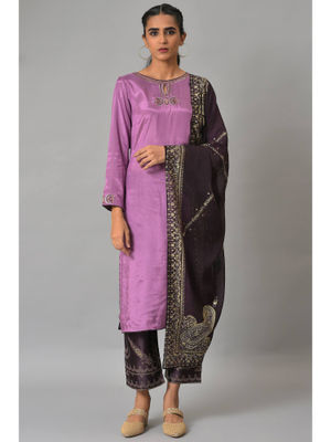 Winter Wear Women Velvet Purple Embroidered Kurta Comfort Pant Dupatta