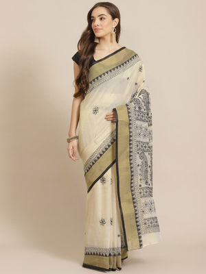 Buy ADA Hand Embroidered Beige Kota Lucknow Chikan Saree With