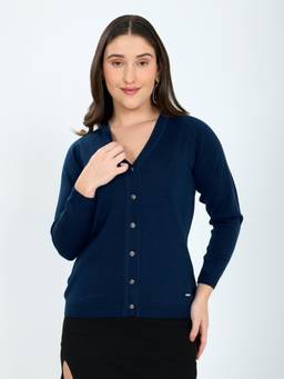 Monte Carlo - Women Blue Textured Wool Blend Cardigan
