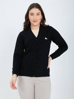 Monte Carlo - Women Black Self Design Wool Blend Cardigan