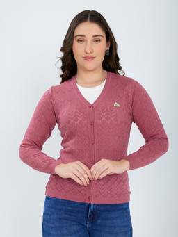 Monte Carlo - Women Pink Self Design Wool Blend Cardigan