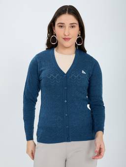 Monte Carlo - Women Blue Textured Wool Blend Cardigan